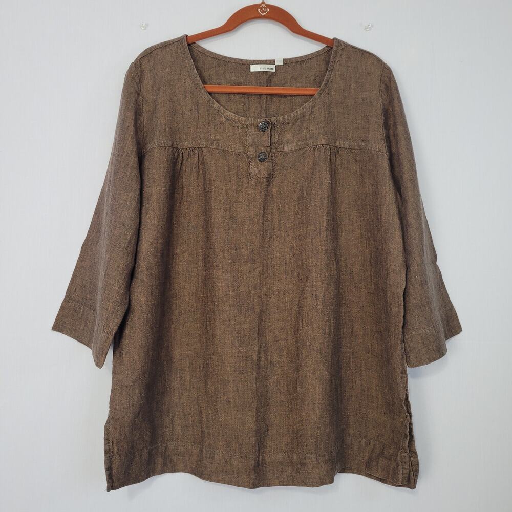 Marc Ware 100% Linen 3/4 Sleeve Top size L Brown Neutral Lagenlook Earthy USA